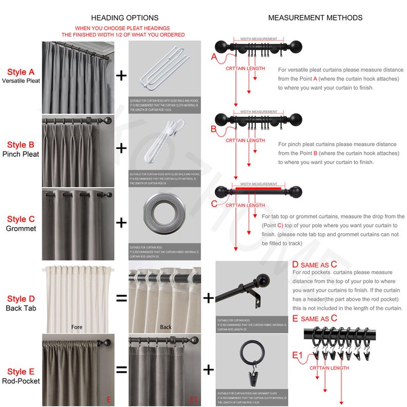 May include: Diagram illustrating curtain heading styles and measurement methods. Styles include versatile pleat, pinch pleat, grommet, back tab, and rod-pocket. Measurement instructions are provided for each style, detailing how to measure curtain length.