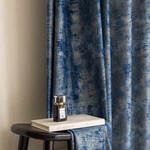 Navy Blue Velvet Curtains - Embossed Modern Back Tab Drapes