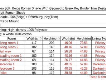 Leo - Off-white Roman blinds with geometric Greek key pattern borders (custom order).