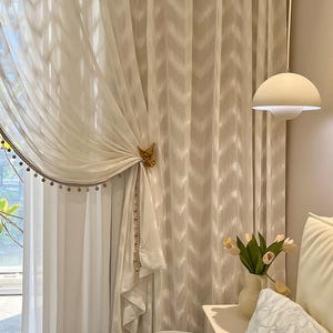 Pair of White Sheer Textured Curtains: Decorative Trim Living Room Panels