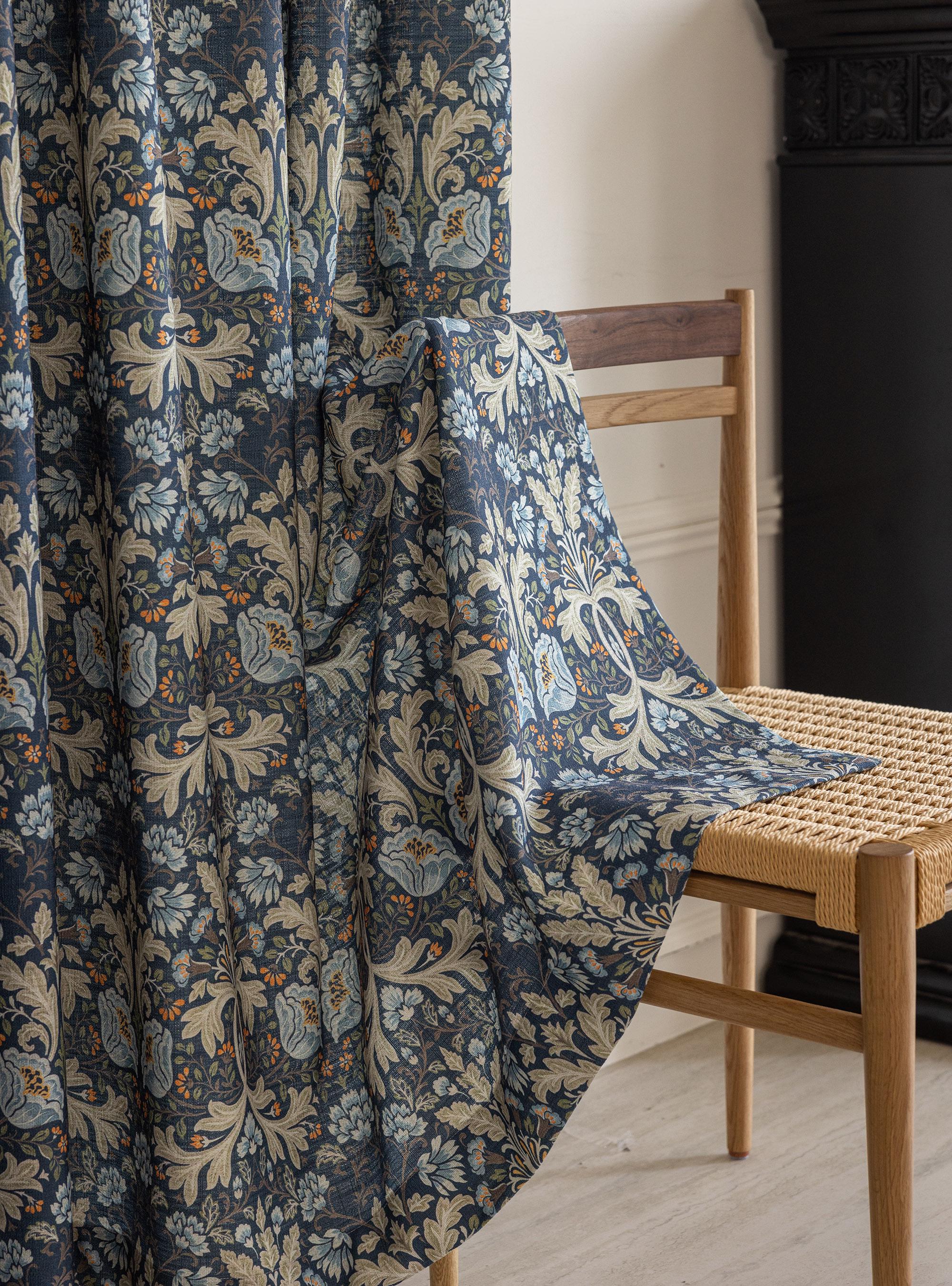 Pair of Navy Blue Botanical Curtains - Victorian Rustic Floral Drapes Custom for Bedroom & Living Room Panels