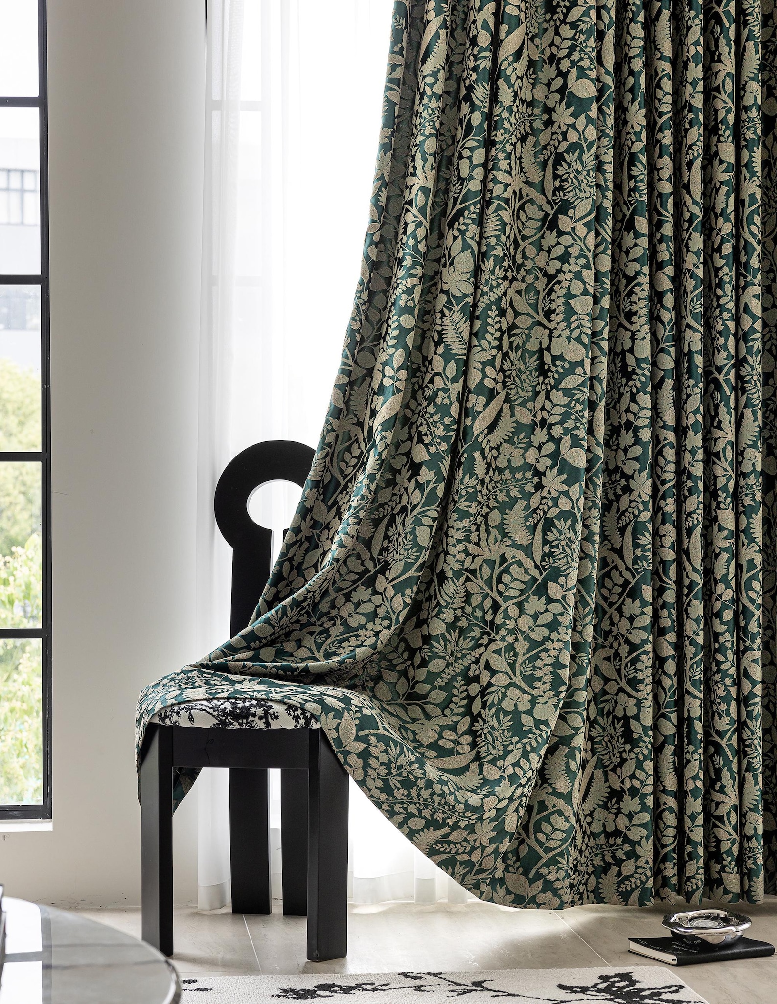 Emerald Green Embroidered Floral Curtains - Two Panels 79"W x 84"L