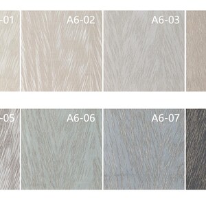 May include: A collection of eight fabric swatches, each with a unique color and texture. The swatches are arranged in two rows of four, with a textured, feather-like pattern. Each swatch is labeled with a code, such as "A6-01".