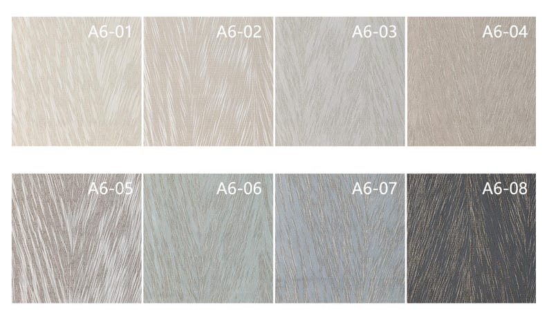 May include: A collection of eight fabric swatches, each with a unique color and texture. The swatches are arranged in two rows of four, with a textured, feather-like pattern. Each swatch is labeled with a code, such as "A6-01".