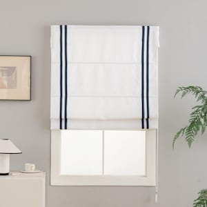 Custom Cotton Blend Off-White Roman Shades | Kitchen Window Blinds with Chain Mechanism & Navy Blue Border Trim Design - Window Treatment
