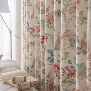 Pair of Beige Botanical Bird & Floral Print Curtains - Rustic Farmhouse Drapes for Bedroom / Living Room | Custom Linen-Look Panels