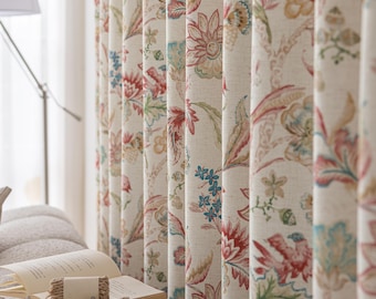 Pair of Beige Botanical Bird & Floral Print Curtains - Rustic Farmhouse Drapes for Bedroom / Living Room | Custom Linen-Look Panels