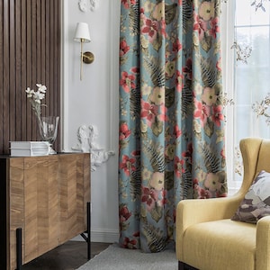 Pair of Vintage Farmhouse Blue Floral Embroidered Curtains: Cotton Jacquard Drapes