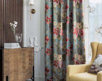 A Pair of Vintage Farmhouse Blue Floral Embroidered Curtains - 30% Cotton Jacquard Custom Drapes for Bedroom & Living Room