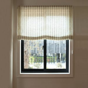 100% Striped Linen Roman Shades - Custom Relaxed Scalloped Design with Chain Mechanism | Light Filtering Window Blinds Treatment