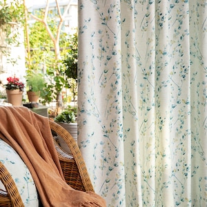 Blue Floral Linen Blend Curtain Panels: Botanical Bloom Drapes
