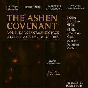 The Ashen Covenant Vol. 1 – Dark Fantasy NPC Pack + Battle Maps voor NST/TTRPG