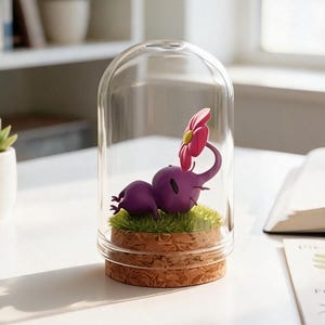 May include: A decorative glass dome containing a purple elephant figurine with a pink flower, set on a cork base with green moss. The dome is on a white surface. The background includes a succulent plant and books.