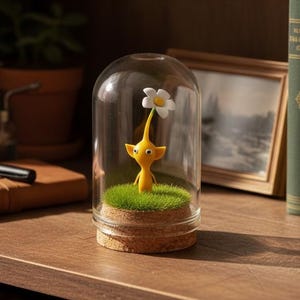 May include: A whimsical yellow figurine with a white flower, encased in a glass dome, rests on a bed of green moss. The dome sits on a cork base. The figurine is displayed on a wooden shelf with books and a notebook.