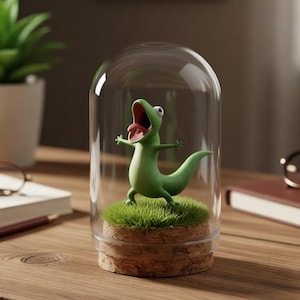 May include: A decorative terrarium showcasing a green cartoon lizard with an open mouth, standing on a patch of grass. The lizard is housed within a clear glass dome with a cork base. The terrarium is placed on a wooden surface, creating a miniature scene.