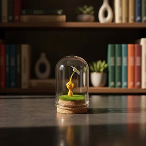 May include: A yellow figurine of a character holding a white flower, encased in a glass dome. The figurine stands on a bed of green grass, atop a cork base. The background features a bookshelf with books and plants.