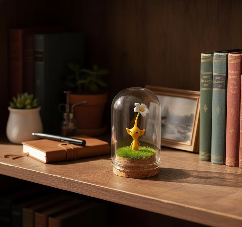 May include: A whimsical yellow figurine with a white flower, encased in a glass dome, rests on a bed of green moss. The dome sits on a cork base. The figurine is displayed on a wooden shelf with books and a notebook.