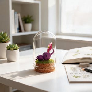 May include: A whimsical purple elephant figurine with a pink flower, enclosed in a glass dome. The figurine rests on a bed of green faux grass, atop a cork base. The dome sits on a white surface, with a succulent plant and books in the background.