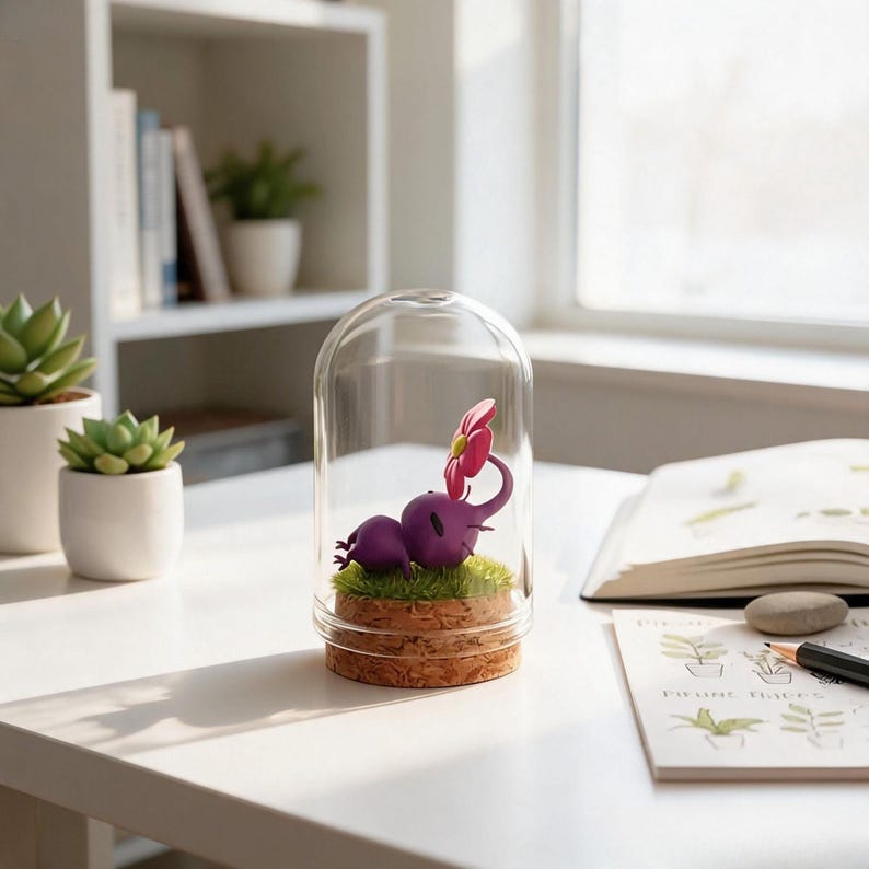 May include: A whimsical purple elephant figurine with a pink flower, enclosed in a glass dome. The figurine rests on a bed of green faux grass, atop a cork base. The dome sits on a white surface, with a succulent plant and books in the background.