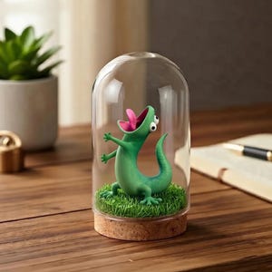 Puede incluir: Una caprichosa figura de lagarto verde con una lengua rosa, exhibida dentro de una campana de cristal. El lagarto está sobre un lecho de césped verde artificial, con una base de corcho. La campana está sobre una superficie de madera.