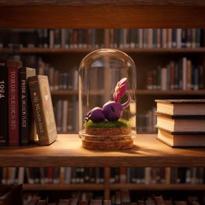 May include: A whimsical purple creature figurine with a pink flower, displayed under a glass cloche. The figurine rests on a bed of green grass and brown soil. The display sits on a wooden shelf with books in the background.