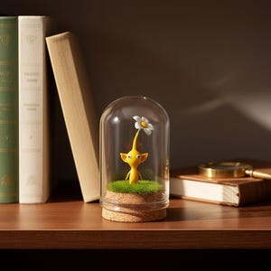 May include: A yellow figurine of a creature with a flower, enclosed in a glass dome. The figurine stands on a bed of green moss, atop a cork base. The dome is on a wooden shelf with books.