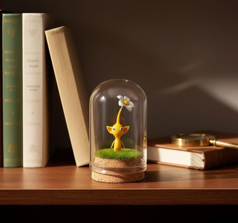 May include: A yellow figurine of a creature with a flower, enclosed in a glass dome. The figurine stands on a bed of green moss, atop a cork base. The dome is on a wooden shelf with books.