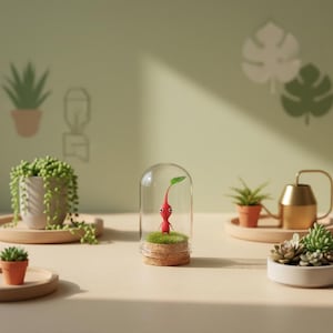 May include: A whimsical scene featuring a red cartoon character with a green leaf, encased in a glass dome. The character stands on a bed of green moss atop a cork base. The background includes potted plants and a golden watering can.