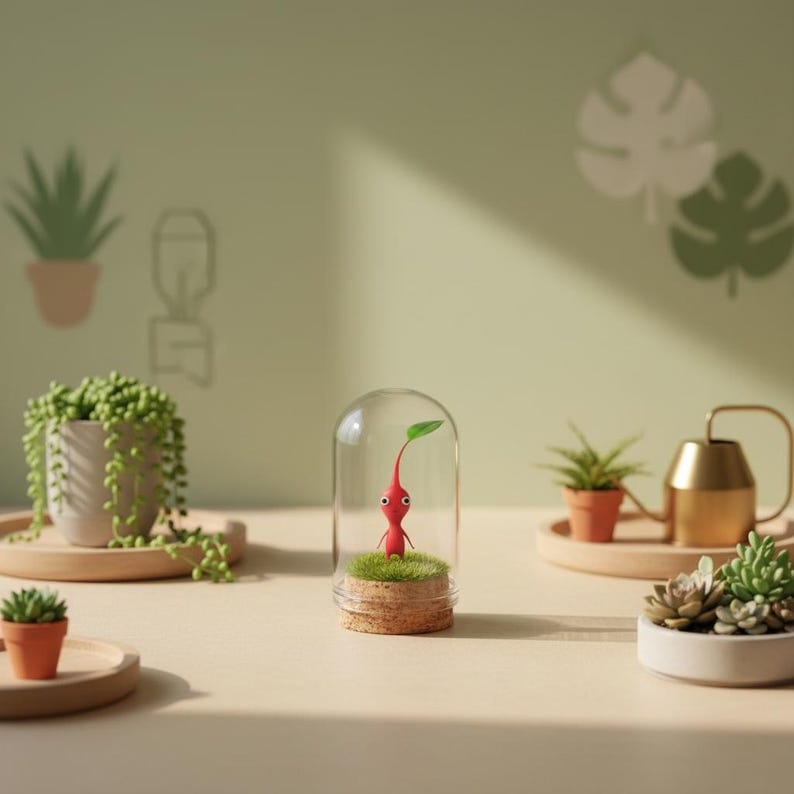 May include: A whimsical scene featuring a red cartoon character with a green leaf, encased in a glass dome. The character stands on a bed of green moss atop a cork base. The background includes potted plants and a golden watering can.