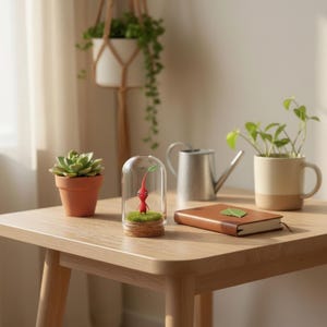 May include: A small wooden table displays a terrarium with a red figure, a succulent in a terracotta pot, a watering can, a notebook, and a mug with a plant. The terrarium is under a glass dome.