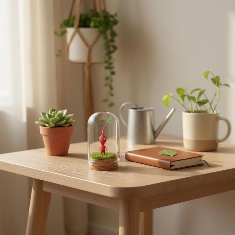 May include: A small wooden table displays a terrarium with a red figure, a succulent in a terracotta pot, a watering can, a notebook, and a mug with a plant. The terrarium is under a glass dome.