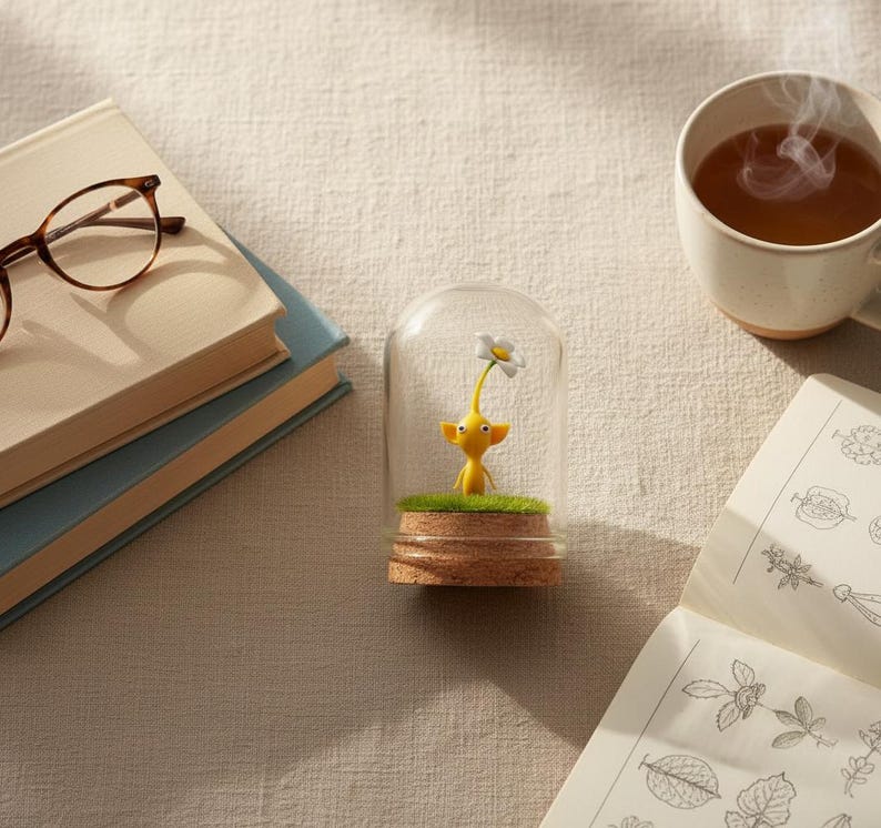 May include: A yellow figurine with a white flower under a glass dome. The figurine sits on a patch of green grass atop a cork base. A cup of tea, books, and eyeglasses are also in the image.