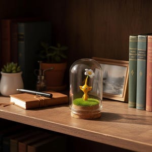 May include: A whimsical yellow figurine with a white flower, encased in a glass dome. The figurine stands on a bed of green moss, set on a cork base. The display is on a wooden shelf with books and a notebook.