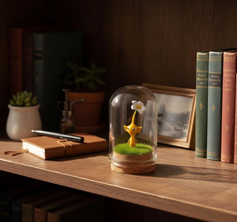 May include: A whimsical yellow figurine with a white flower, encased in a glass dome. The figurine stands on a bed of green moss, set on a cork base. The display is on a wooden shelf with books and a notebook.