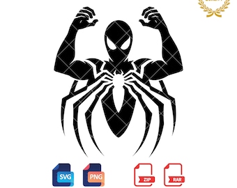May include: Black and white silhouette of a superhero with a spider web design. The superhero is standing with arms raised and fists clenched.