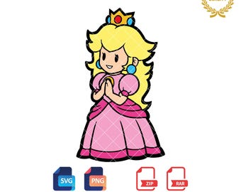 Puede incluir: Una ilustración de dibujos animados de la princesa Peach de la serie de videojuegos Super Mario. Lleva un vestido rosa con una corona amarilla y tiene el pelo rubio. Tiene las manos juntas delante de ella.