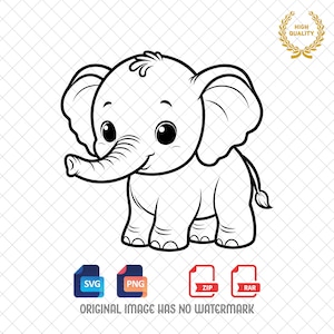 May include: A black and white line drawing of a cartoon elephant with large eyes and a trunk. The elephant is standing on all fours and has a small tail.