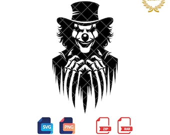 May include: Black and white illustration of a scary clown with a top hat and sharp claws. The clown has a sinister smile and is looking directly at the viewer.