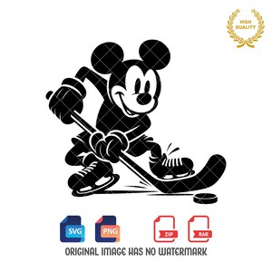 May include: Black and white silhouette of Mickey Mouse playing hockey. He is wearing skates and holding a hockey stick. The image is on a white background.
