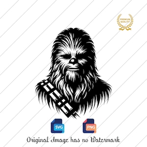 Könnte beinhalten: Schwarz-weiße Silhouette von Chewbacca, einer fiktiven Figur aus dem Star Wars-Franchise, mit einem Bandolero über der Brust.