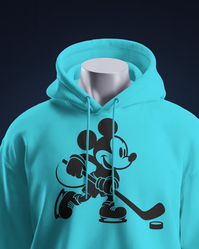 Ice hockey-themed design featuring Mickey Mouse with hockey player silhouettes and clipart. Includes SVG and PNG files, perfect for crafting, t-shirts, and sports-themed decorations. Ideal for Disney fans creating fun, hockey-inspired projects.