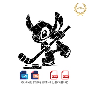 May include: Black and white silhouette of a cartoon character playing hockey. The character is wearing a hockey uniform and holding a hockey stick. The character is standing on a hockey puck.