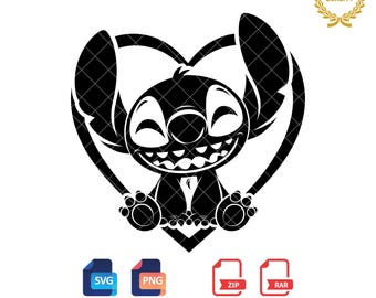 May include: Black and white silhouette of a cartoon character with a big smile, inside a heart shape. The character has large ears and is sitting with its legs crossed.