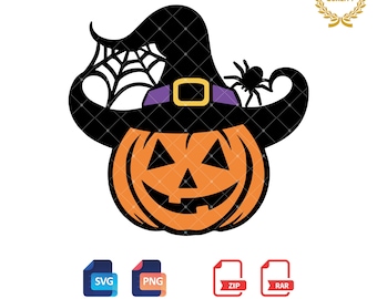 Halloween Pumpkin Face SVG PNG: Witch Hat Spider Design (Digital Download)