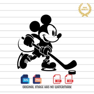 May include: Black and white silhouette of Mickey Mouse playing hockey. He is wearing skates and holding a hockey stick. There is a hockey puck on the ice.