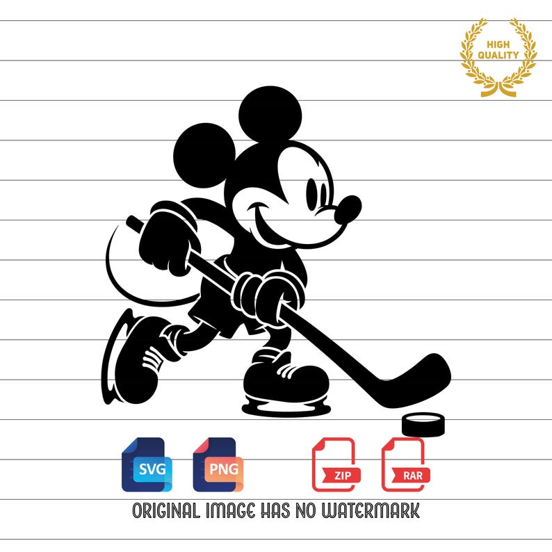 Ice hockey-themed design featuring Mickey Mouse with hockey player silhouettes and clipart. Includes SVG and PNG files, perfect for crafting, t-shirts, and sports-themed decorations. Ideal for Disney fans creating fun, hockey-inspired projects.
