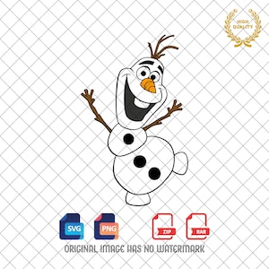 May include: A black and white cartoon illustration of Olaf, the snowman from the movie Frozen, with his arms outstretched and a big smile on his face.