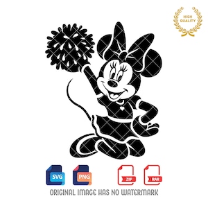 Puede incluir: Silueta en blanco y negro de un ratón de dibujos animados con un atuendo de animadora y sosteniendo una pompon. El ratón sonríe y tiene un lazo en el pelo.