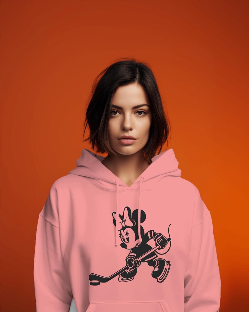 Minnie Mouse-themed ice hockey design featuring Minnie silhouettes and hockey clipart. Includes PNG and SVG files, perfect for crafting, t-shirts, and sports-themed decorations. Ideal for Disney fans creating fun, ice hockey-inspired projects.