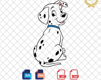 May include: A black and white cartoon Dalmatian dog with blue collar sitting facing right. The dog has a spotted pattern and is looking to the right.